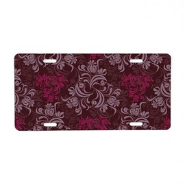 CafePress Burgundy Red Floral Damask Aluminum License Plate, Front License Plate, Vanity Tag