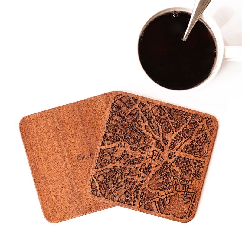 Tokyo Map, Sapele Wood Coasters, Set of 4 with City