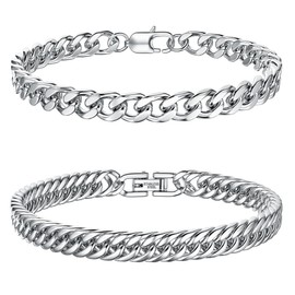 Dochais Men's Bracelet Silver Gold Stainless Steel Bracelets Curb Chain – 2 Pieces Silver Men's Bracelets for Men Cuban Bracelet 8 mm Width 21-23 cm Length Gifts for Dad Son Brother Husband, Stainless