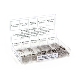 Assortment box with 200 pieces small cylinder screws in accordance with DIN 84 made of A2 stainless steel (M1.6, M2, M2.5, M3 and M4), slotted, cylinder head. Mini screws assortment including labelled