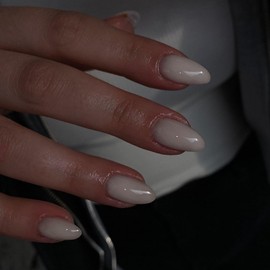 Short Press on Nails Almond SWEKKE Gray Fake Nails Full Cover Solid Color False Nails with Nail Glue Grey Glossy Glue on Nails Acrylic Nails Manicure Artificial Nails for Women Girls 24Pcs