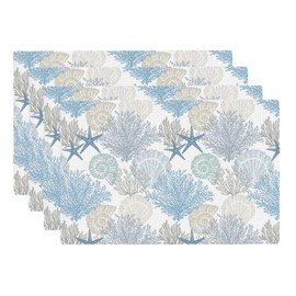 VIGGINER Nautical Starfish Placemats Set of 4 Beach Ocean Seashell Coastal Summer Linen Washable Placemat Coral Reef Kitchen Dining Heat-Resistant Place Mats Desktop Decor Table Mats 12x18 Inch