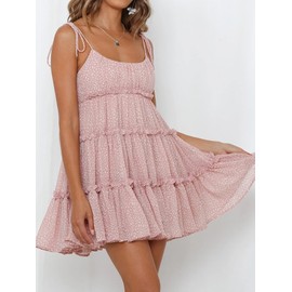 kinstell Women's Boho Spaghetti Strap Ruffle Square Neck Bowknot Backless Sleeveless Elegant Flowy Mini Short Skater Dresses Pink