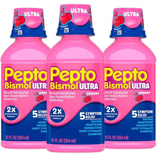 Pepto Bismol Ultra Liquid, 2X Concentrated Formula, Upset Stomach Relief, Bismuth Subsalicylate, Multi-Symptom Gas, Nausea, Heartburn, Indigestion, Diarrhea Relief, Cherry, 12 OZ Liquid (3 Pack)