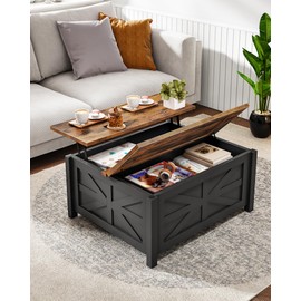 CHOEZON 31.5" Lift Top Coffee Table, Farmhouse Coffee Table with Charging Station and Storage, 2 AC Outlets and 2 USB Ports, Black and Rustic Brown MKF02UBF