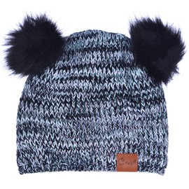 Women's Knit Pom Ears Beanie Infinity Scarf Set Fleece Lined (Black & Baby Blue)