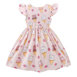 NUBEEHOHO Dress for Girls Cute Ice Cream Strawberry Print Toddler Summer Outfit Kids Ruffle Sleeve Pink Party Sundress 3-4 Years 4T/1820