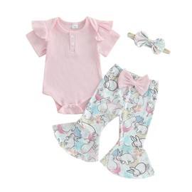 Infant Baby Girl Easter Outfit Ribbed Ruffle Romper Bunny Bell Bottom Pants Headband Set Easter Spring Clothes (Multicolor, 3-6 Months)