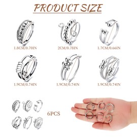 6PCS Anxiety Rings for Women Girls Silver Fidget Ring Stress Reliever Ring Adjustable Open Spinner Bead Anxiety Rings, Autism Sensory Anxiety Reliever Jewelry, Gifts for Mum Girlfriend Daughter