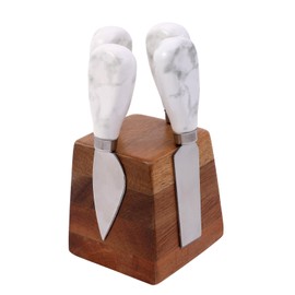 olelo 4 Small Original Cheese Knife Set with Acacia Wood Holder and Marble Handle, Cheese Knives Set with Magnetic Stand, Stainless Steel Charcuterie Board Utensils, Picnic, Home, Party