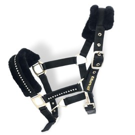 Headcollar for Horses with Glitter Stones, Fur Halter Horse in Black with Rhinestones, 2-Way Adjustable (Black, Thoroughbred (Cob))