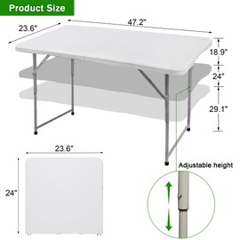FORUP Folding Utility Table, 4ft Fold-in-Half Portable Plastic Picnic Party Dining Camp Table