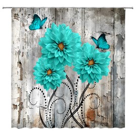 Rustic Flower Shower Curtain Teal Dahlia Abstract Leaves Vintage Wooden Board Butterfly Nature Farmhouse Plant Bathroom Home Curtain with Hooks,70" Wx70 H