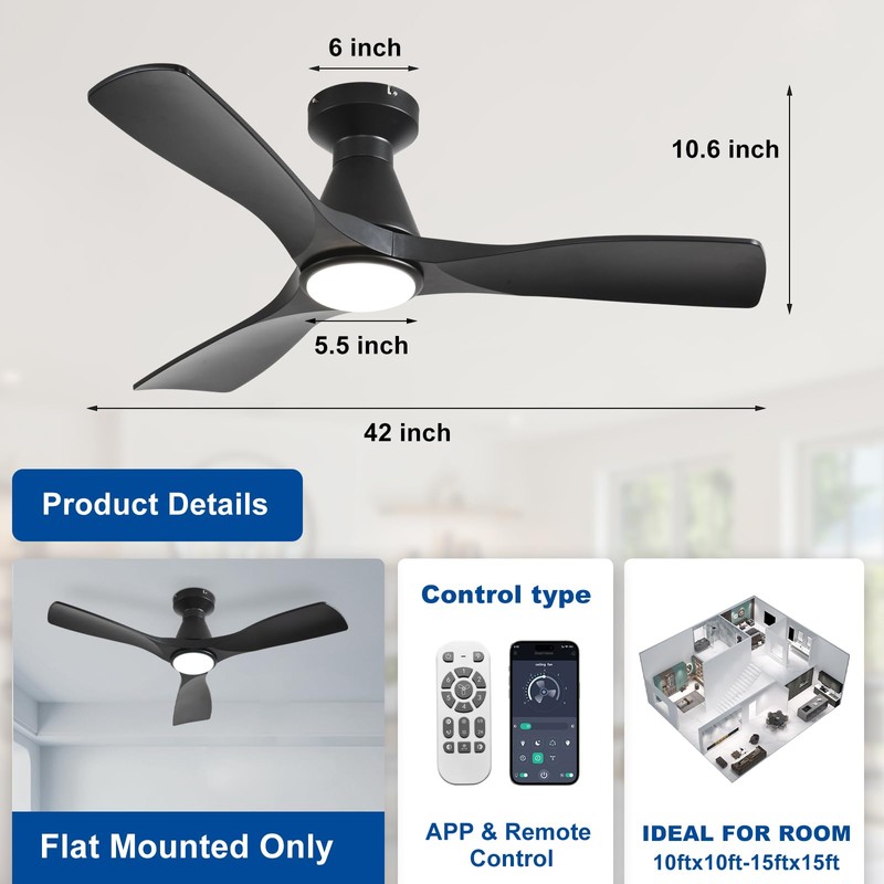 Depuley 42-Inch Ceiling Fans with Lights: Black 3 Blade Flush