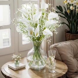 20 Pcs White Calla Lily and Baby's Breath Artificial Flower Bouquet, Lifelike PU Faux Floral Arrangement for Wedding Centerpieces, Dining Table & Modern Home Office Decor