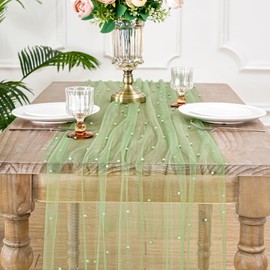 Pearl Table Runner Tulle Lace: 10 ft Tulle Table Runners Pearl Sheer Table Cover Fabrics for Wedding Arch Dessert Table Decorations Sage Green