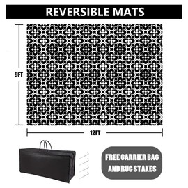 HUGEAR RV Outdoor Rug Waterproof Mat Outdoor Rugs 9'x12' for Patios Clearance Carpet Outdoor Camping Rugs Large Plastic Straw Rug(9x12ft Clover Black&White)