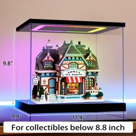 AZEYN Clear Acrylic Display Case with Light for Miniature House Building Sets, Multiple Color Lights Dustproof Protection Display Box for Collectibles Action Figures（11.4×9.4×9.8inch）
