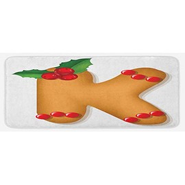 Ambesonne Christmas Alphabet Kitchen Mat, Xmas Thematic Design of Gingerbread Baked Cookie Letter K, Plush Decorative Kitchen Mat with Non Slip Backing, 47" X 19", Ginger Vermilion White