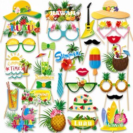 INTATIKOO 29 Pcs Luau Party Photo Booth Props, Hawaiian Themed Party Decorations Supplies, Tropical Aloha Tiki Summer Beach Pool Party Favors, Funny Selfie Props for Kids & Adults