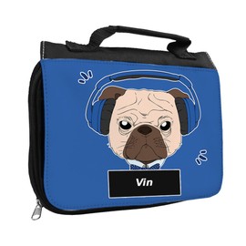 Kulturbeutel mit Namen Vin und schönem Motiv - Mops mit Kopfhörer - für Jungen | Kulturtasche mit Vornamen | Waschtasche für Kinder