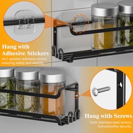LUCYCAZ 4 Pack Wall Mounted Spice Rack with 16 Hooks, Spice Rack Organizer for Cabinet Pantry Door,Screw or Adhesive Spice Shelf Hanging Wall Spice Rack for Spice Jars and Seasonings (Black)