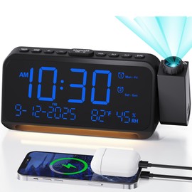 Roxicosly Projection Alarm Clock for Bedroom Ceiling, 118 dB Super Loud for Heavy Sleepers, 6.7" Large Digital Dimmable Display with Day Date Indoor Temp Humidity, Dual Alarms Adjustable Volume