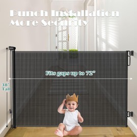 Retractable Baby Gates Extra Wide | 72" Wide x 38" Tall Dog Gates for Stairs | Indoor/Outdoor Use | Child Gates for Doorways, Deck, Porch, Hallways, Patio - Black