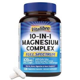Vitalibre Complejo de magnesio 10 en 1, 420 mg de magnesio elemental | Ultrapotente, máxima absorción | Suplemento de magnesio quelado para el sueño, 