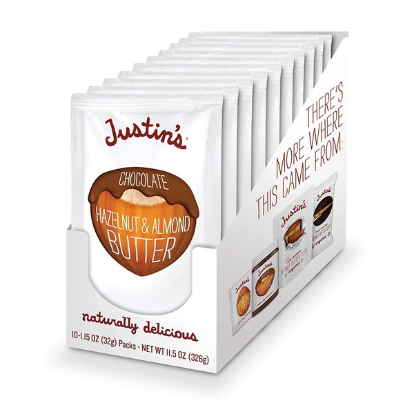 Justin's Chocolate Hazelnut & Almond Butter Squeeze Pack, Organic Cocoa, Gluten-free, Responsibly Sourced, Packaging May Vary, 1.15 Ounce (Pack of 10)
