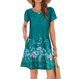Sherosa Summer Dresses for Women 2024 Beach Floral Sundress Short Sleeve Pockets Casual Tshirt Dress(Green-Floral,Medium)