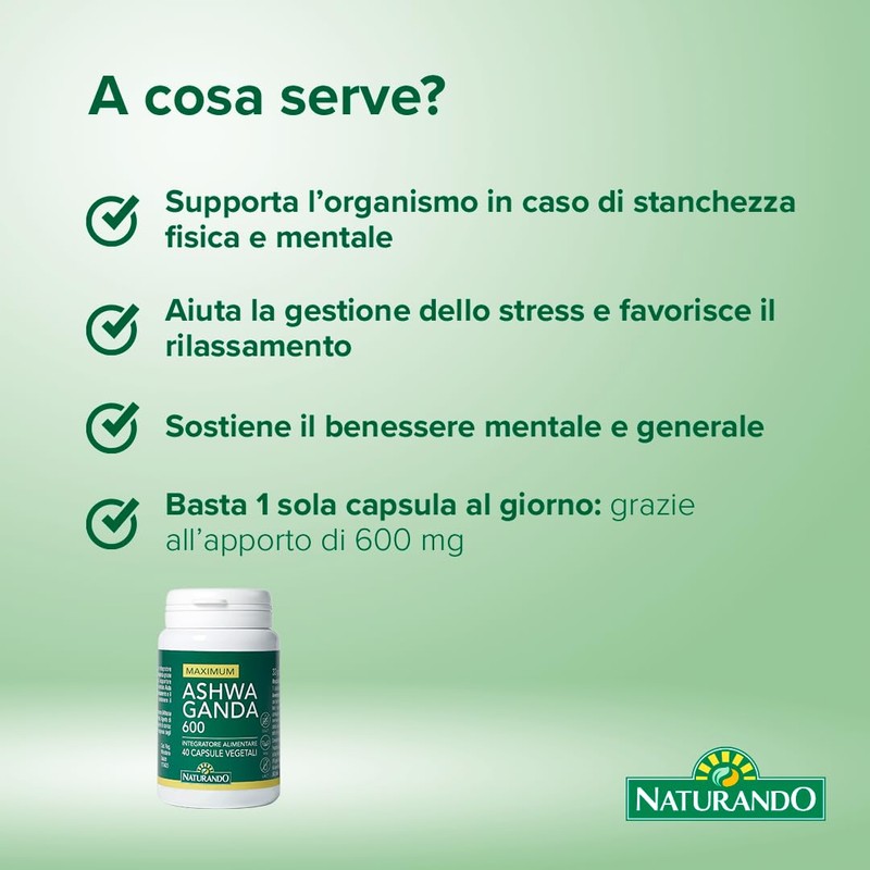 Naturando Maximum ASHWAGANDA 600 Integratore alimentare, con Ashwaganda, ottima in
