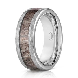 Gentlemen's Bands Silver Tungsten Hammered Men's Wedding Band with Deer Antler Inlay | Premium Tungsten Engagement/Wedding Ring for Men 8mm | Includes Silicone Band, Leather Pouch & Luxury Walnut Box