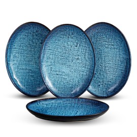 TAUFIKT Ceramic Dinner Plates Set of 4, Handmade Stoneware Plate Set for 4,11 Inch Large Porcelain Pasta and Salad Plates, Deep Ellipse Dishes for Home Decor, Microwave,Oven,and Dishwasher Safe, Blue