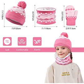 ITODA Kids Winter Warm Beanie Hat Scarf Gloves Set, 3 in 1 Thermal Knit Hat Pom-pom Bobble Hat Fleece Lined Beanie Hat Neck Snood Mittens Winter Accessories Sets for 1-6 Years Old Toddler Girls Boys