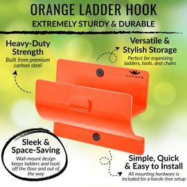 Orange Garage Storage Hooks - Heavy Duty Ladder Wall Mount, Wheelbarrow Hanger, Tool Holder, Hanging Brackets for Ladders, Folding Chairs