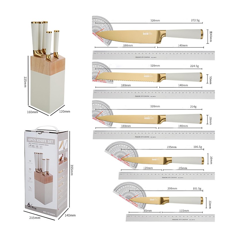 7Pcs Gold White Kitchen Knife Set with Acacia Wooden Block