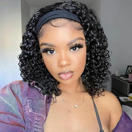 Human Hair Headband Wig No Lace Front Headband Wig Deep Wave Brazilian Curly Wig Curly Wear and Go Glueless Wigs Wigs for Black Women Natural Color 12 Inches