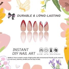 Christmas Press on Nails Medium Almond MABKJLF French Tip Fake Nails False Nails with Designs Swirl Snowflake Red & White Glossy Glue on Nails Acrylic Nails for Women Girls 24 Pcs