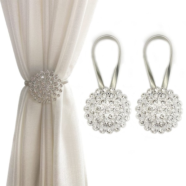 FOZUBOYO Magnetic Tiebacks for Curtains, 2 Pack Sparkling Crystal Flower