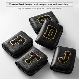 Lightbird Ini-tial Genuine Leather Credit Card Holder Zipper Wallet,RFID Credit Card Holder With 20 Card Slots, Small Wallet, K-Black, Fashion