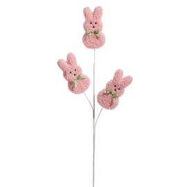 Pink Easter Bunny Floral Pick, 24 Inch, Decorative Plush Rabbit Spray with Green Bow, Set of 3