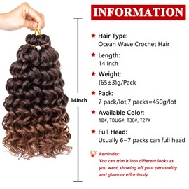 Ocean Wave Crochet Hair 7packs Boho Style Hawaii Curly Ombre Brown Crochet Braids Beach Curl Synthetic Braiding Hair for Black Women Extensions (14 Inch, T30)