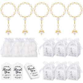 MTLEE 100 Pieces Baptism Rosary Favors Sets Include Mini Small Rosary with Angel, Baptism Favor Boxes, Organza Bags, Thank Kraft Tags for Baby Shower Wedding Decor (Gold)