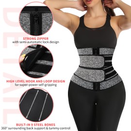 KIWI RATA Neoprene Sauna Waist Trainer Corset Sweat Belt with 2 Straps for Women Sweat Band Compression Cincher Workout Fitness Trimmer,#1 Zipper Grey,Small