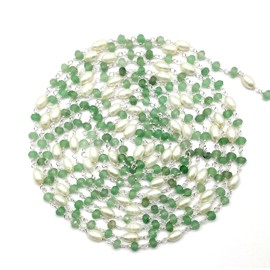 Green Apple Jade with Glass Pearl 36 Inch 92.5 Sterling Silver Plated 4 mm - 4 x 6 mm Rondelle Drum Faceted Smooth Beads Necklace Chains Bulk for DIY Necklace Bracelet Choker Jewellery 3 Feet