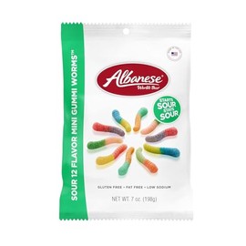 Alba-nese 12 Flavor Mini Gummi Worms 7.5 oz Bag Assorted Fruity Gummy Candy Fat Free Gluten Free Low Sodium Made in the USA
