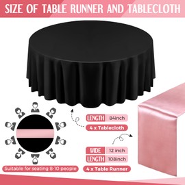 Tudomro 8 Pcs Black and Rose Gold Round Plastic Tablecloth and Satin Table Runner Set 84 Inch Round Covers 12 x 108 Inch Table Runners for Wedding Birthday Party Baby Shower Anniversary