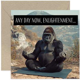 Square Funny Birthday Greeting Card for Men and Women - Gorilla Bear Meditating, Yoga, Inner Peace - For Sister Brother Dad Female Friend Mum Daughter Colleague - Blank Inside