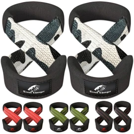 Trend Changer Figure 8 Lifting Strap Padded Deadlift Straps Heavy Duty Weight Lifting Straps Strongman Axle Bar Straps Weightlifting Wrist Wraps (Medium (Upto 8.0'' Wrist Circumference), Gray Camo)